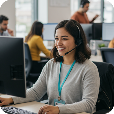a customer service representative smiling while looking at her computer screen in a busy office