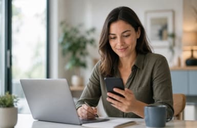 woman similing at phone with autopay and card-on-file
