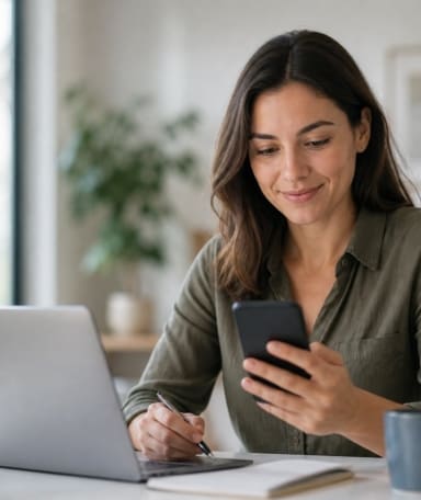 woman similing at phone with autopay and card-on-file